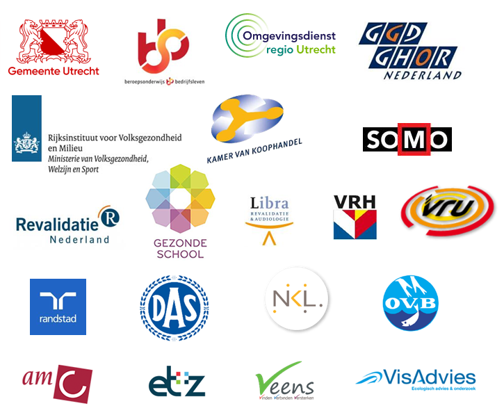 Gemeente Utrecht, Gemeente Tilburg, VNG, SBB, SOMO, Vitras, GGD GHOR Nederland, RIVM, Revalidatie Nederland, Libra, VRH, Infopunt Veiligheid, Randstad Nederland, DAS rechtsbijstand, NKL, OVB, AMC, ETZ, Veens, VisAdvies